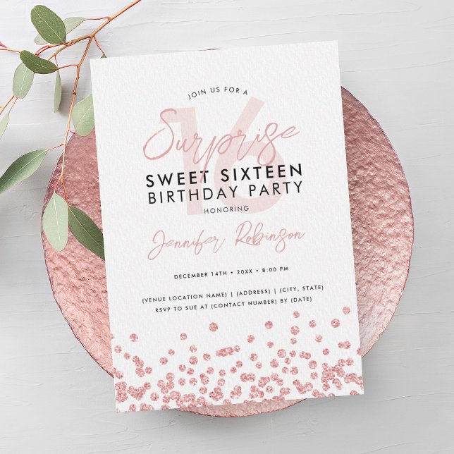 Invitación Rosa Purpurina de oro Confetti Surprise Sweet 16 (Rose Gold Glitter Confetti Surprise Sweet 16 Invitation)