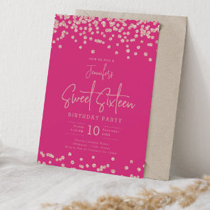 Invitación Rosa Purpurina de oro Confetti Sweet 16 Hot Pink