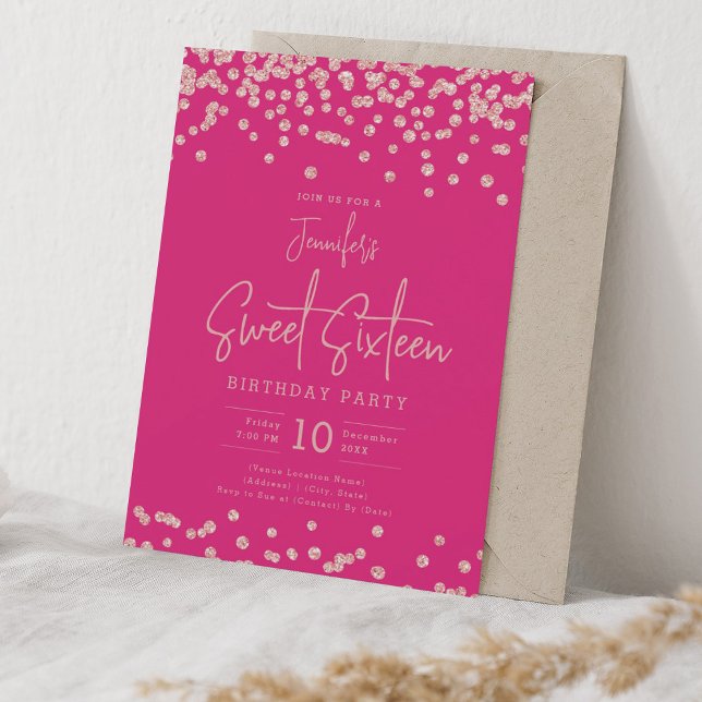 Invitación Rosa Purpurina de oro Confetti Sweet 16 Hot Pink (Subido por el creador)
