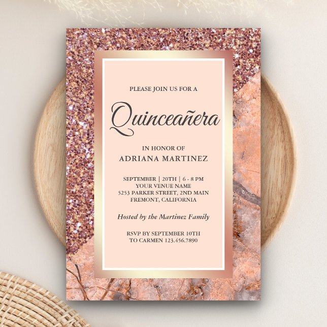 Invitación Rosa Purpurina de oro Coral Mármol rosa Quinceaner (Subido por el creador)