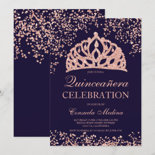 Invitación Rosa purpurina de oro corona marina tiara Quinceañ
