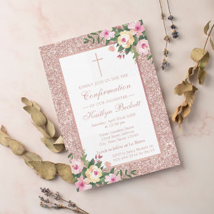 Invitación Rosa Purpurina De Oro Cristalización Floral O Baut