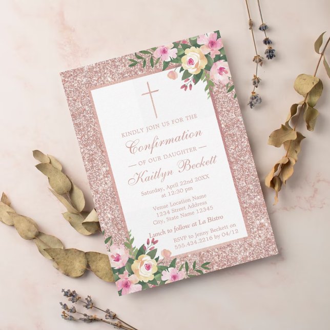 Invitación Rosa Purpurina De Oro Cristalización Floral O Baut (Subido por el creador)