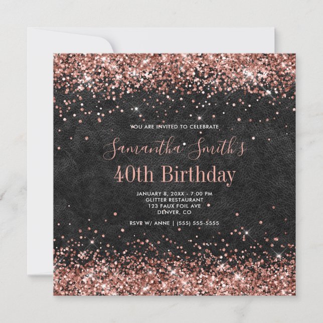 Invitación Rosa Purpurina de Oro Cuero Negro 40 cumpleaños (Anverso)
