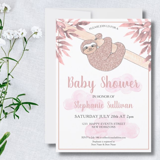 Invitación Rosa Purpurina de Oro Cute Baby Sloth Baby Shower (Subido por el creador)