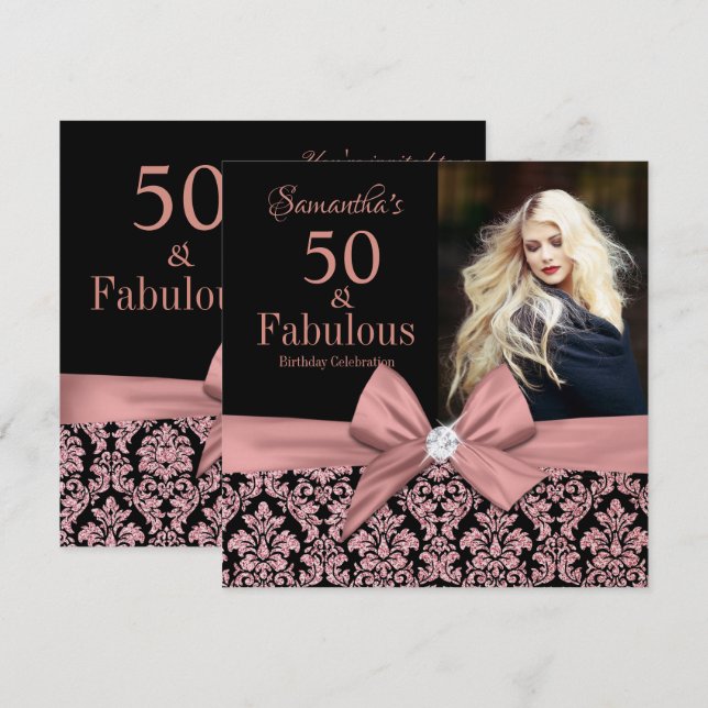 Invitación Rosa purpurina de oro damask 50 cumpleaños Invitac (Anverso / Reverso)