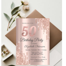 Invitación Rosa Purpurina de Oro delata 50 cumpleaños