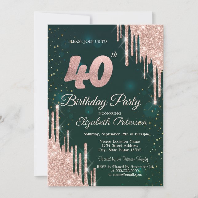 Invitación Rosa Purpurina de Oro delata a Green 40 Birthday F (Anverso)