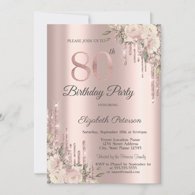 Invitación Rosa Purpurina de oro delata a Rosas de Boho 80 cu (Anverso)