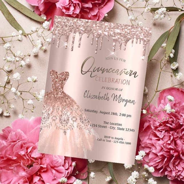 Invitación Rosa Purpurina de Oro delata elegante vestimenta Q (Subido por el creador)