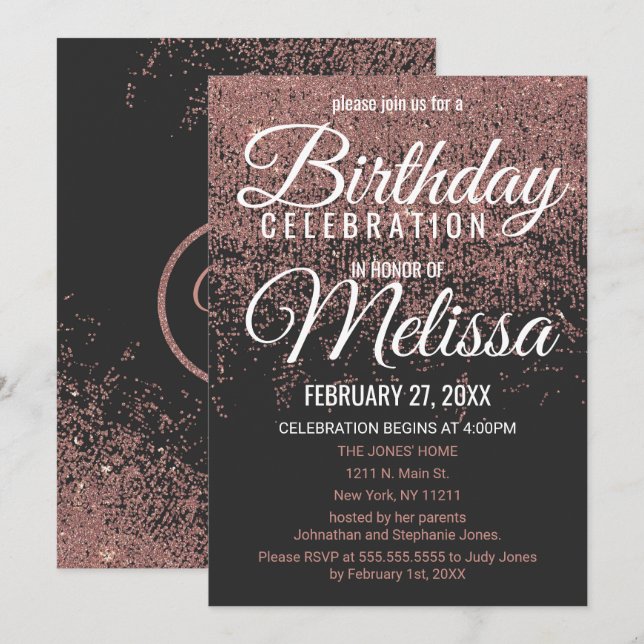 Invitación Rosa Purpurina de oro desgarra fiesta de cumpleaño (Anverso / Reverso)
