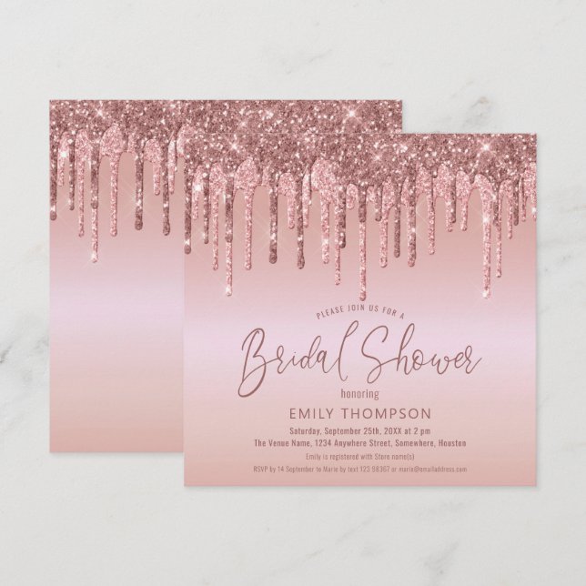 Invitación Rosa Purpurina de oro desliza ducha con guión de n (Anverso / Reverso)
