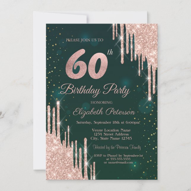 Invitación Rosa Purpurina de Oro desliza Green 60 Cumpleaños (Anverso)