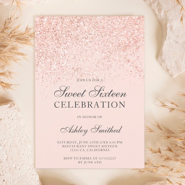 Invitación Rosa purpurina de oro destellan dulces de rubor di (Subido por el creador)