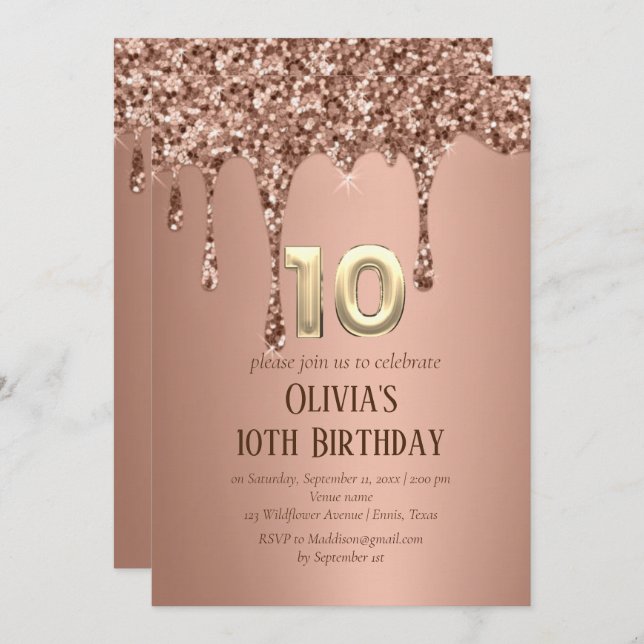 Invitación Rosa Purpurina de oro Drip Chica Girly 10 cumpleañ (Anverso / Reverso)