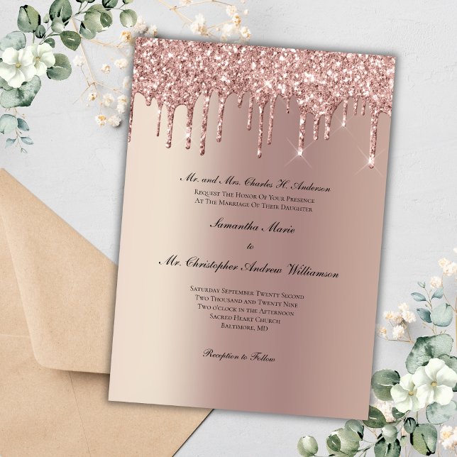 Invitación Rosa Purpurina de oro Drip Moda elegante Boda (Rose Gold Dripping Glitter Trendy Modern Glam Bling Wedding Invitation)