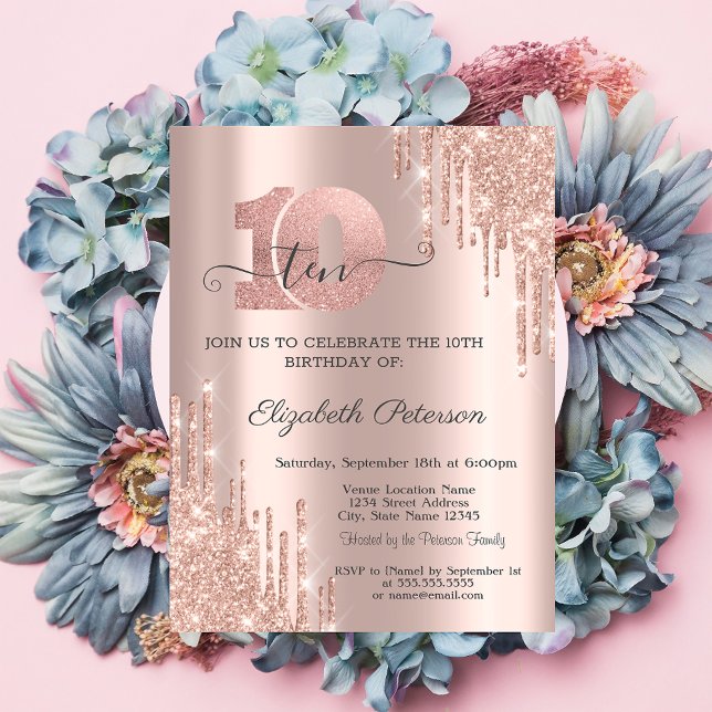 Invitación Rosa Purpurina de Oro Drips Rosa Oro 10 cumpleaños (Subido por el creador)