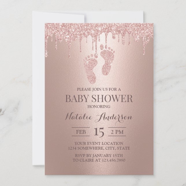 Invitación Rosa Purpurina de oro Dris niño Chica Feet Baby Sh (Anverso)