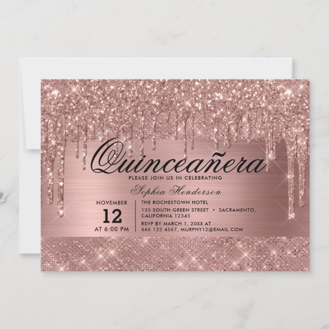 Invitación Rosa Purpurina de oro Dris Quinceañera (Anverso)