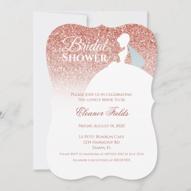 Invitación Rosa Purpurina de oro ducha de novia (Anverso)