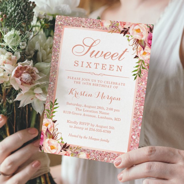 Invitación Rosa Purpurina de oro Dulce Floral Rosa 16 Cumplea (Subido por el creador)