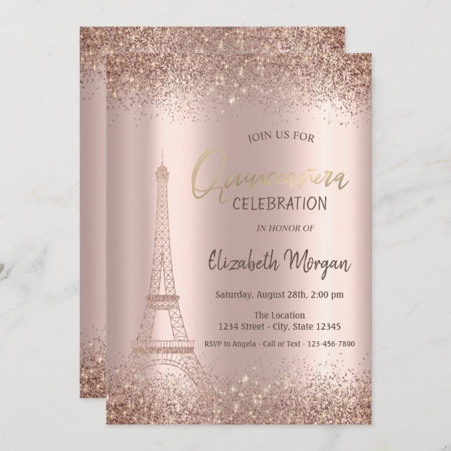 Invitación Rosa Purpurina de Oro Eiffel Confetti Quinceañera (Anverso / Reverso)