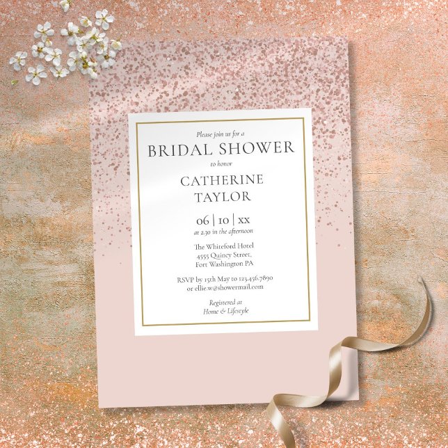 Invitación Rosa Purpurina de oro elegante ducha de novia dora (Rose Gold Glitter Elegant Gold Bridal Shower Invitation)