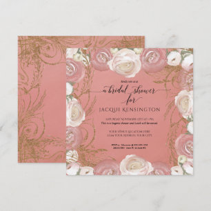 Invitación Rosa Purpurina de oro elegante novia floral pintad
