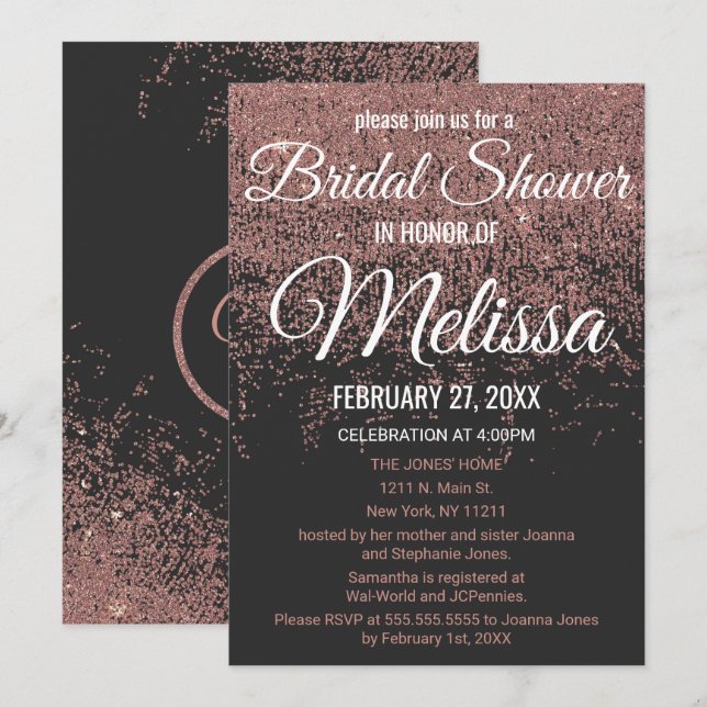 Invitación Rosa Purpurina de oro esparce ducha de novia negra (Anverso / Reverso)