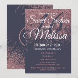 Invitación Rosa Purpurina de oro esparce marina dulce azul 16