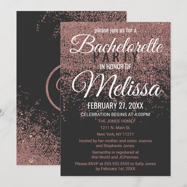 Invitación Rosa Purpurina de oro esparce solapa negra (Anverso / Reverso)