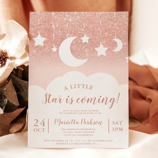 Invitación Rosa purpurina de oro estrella luna nube ducha beb (Rose gold glitter star moon cloud baby shower invitation)