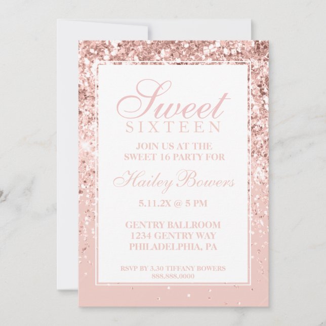Invitación Rosa Purpurina De Oro Fab Dulce Dieciséis (Anverso)
