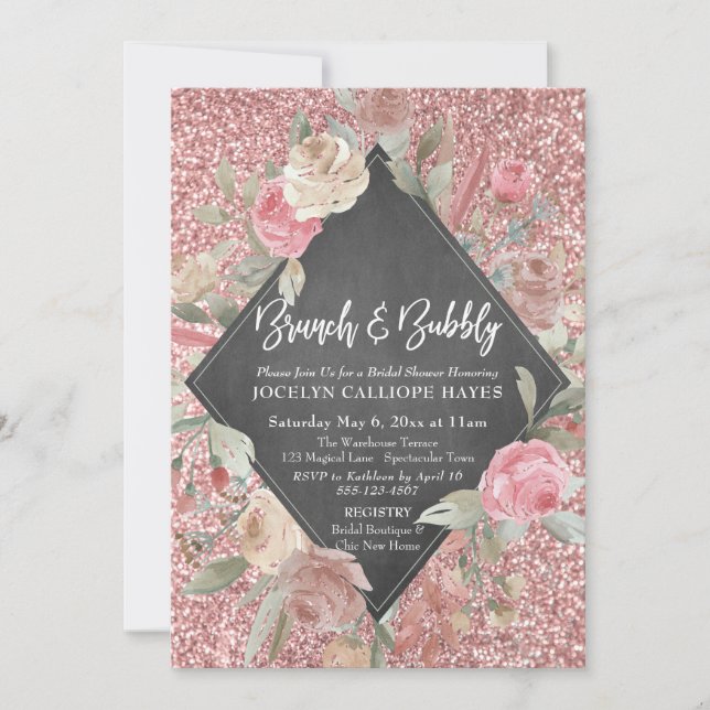 Invitación Rosa Purpurina de oro Floral Chalkboard Brunch Bub (Anverso)