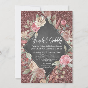 Invitación Rosa Purpurina de oro Floral Chalkboard Brunch Bub