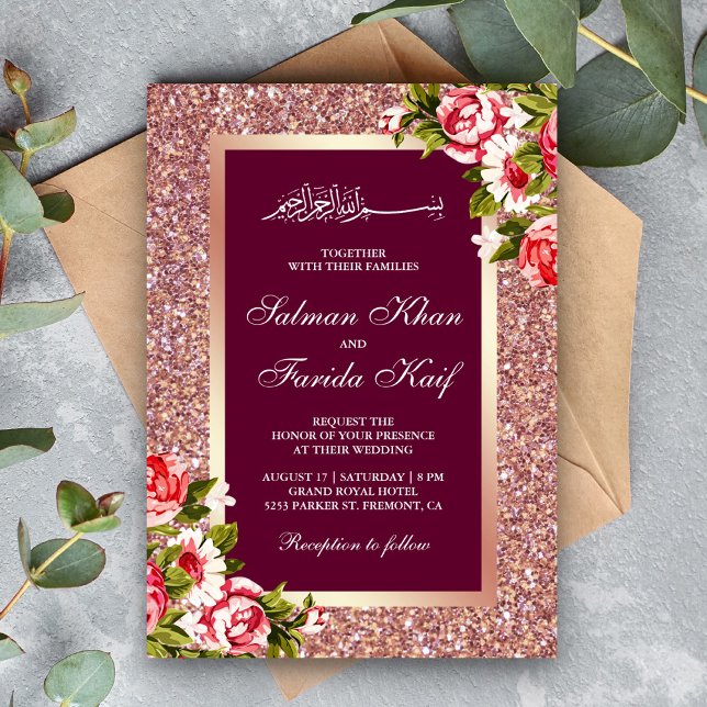 Invitación Rosa Purpurina de oro floral musulmán rosa (Subido por el creador)