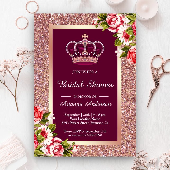Invitación Rosa Purpurina de oro Floral Princess Bridal Showe (Subido por el creador)