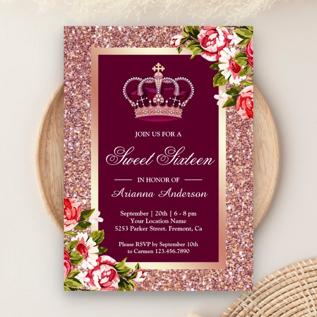 Invitación Rosa Purpurina de oro Floral Princess Sweet 16 (Subido por el creador)