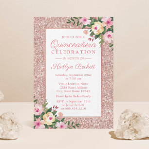 Invitación Rosa Purpurina de Oro Floral Quinceañera 15º cumpl