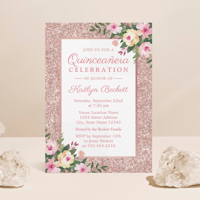 Invitación Rosa Purpurina de Oro Floral Quinceañera 15º cumpl (Subido por el creador)