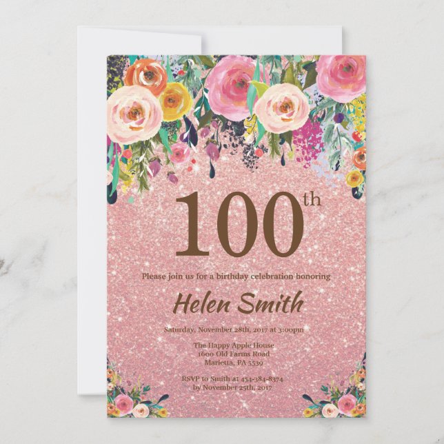 Invitación Rosa Purpurina de Oro Floral Rosa 100 cumpleaños (Anverso)