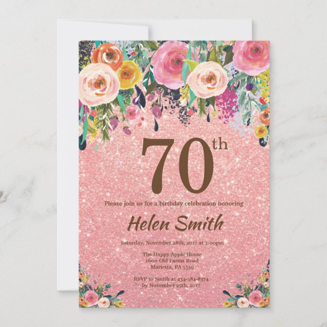 Invitación Rosa Purpurina de Oro Floral Rosa 70 cumpleaños (Anverso)