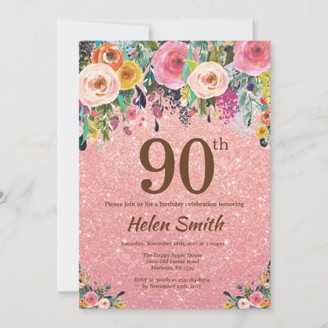Invitación Rosa Purpurina de Oro Floral Rosa 90º cumpleaños (Anverso)