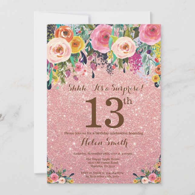 Invitación Rosa Purpurina de Oro Floral Sorpresa 13 cumpleaño (Anverso)
