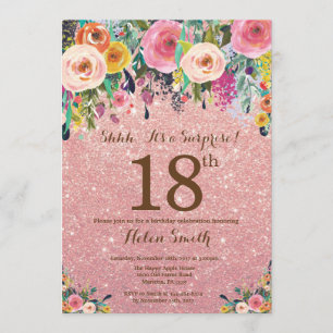 Invitación Rosa Purpurina de Oro Floral Sorpresa 18 cumpleaño