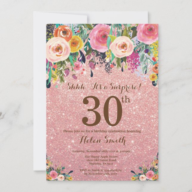 Invitación Rosa Purpurina de Oro Floral Sorpresa 30 cumpleaño (Anverso)