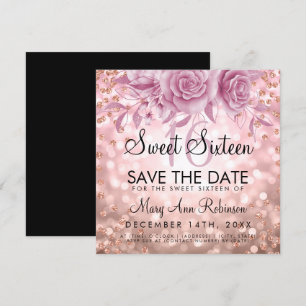 Invitación Rosa Purpurina De Oro Floral Sweet 16 Guardar La F