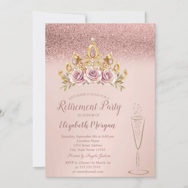 Invitación Rosa Purpurina de oro Floral Tiara Glass Retiremen (Anverso)