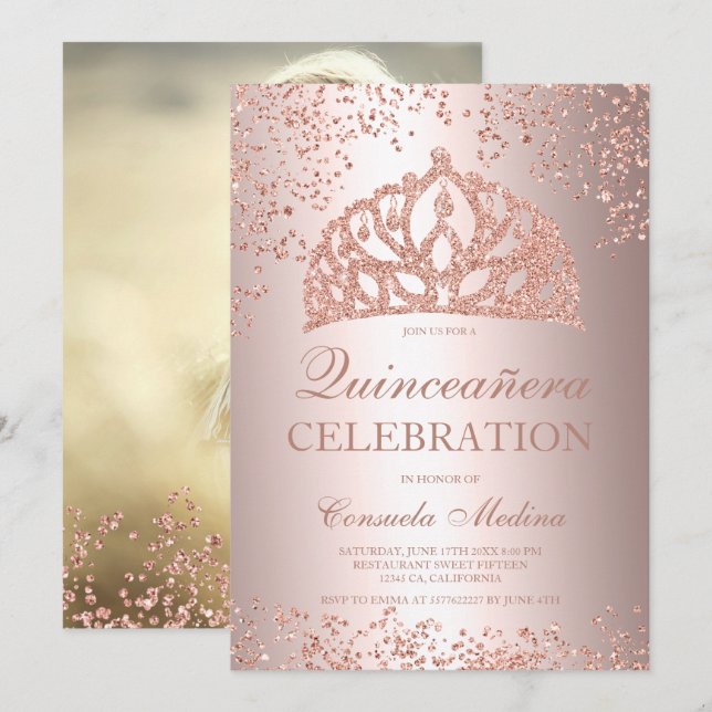 Invitación Rosa purpurina de oro foto de Relieve metalizado t (Anverso / Reverso)