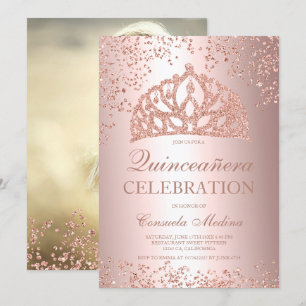Invitación Rosa purpurina de oro foto de Relieve metalizado t